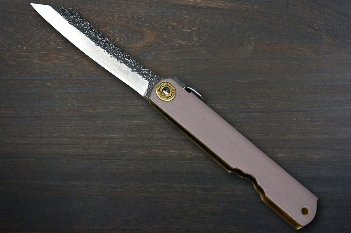 HIGONOKAMI Nagao Kanekoma VG10 Kurouchi Hammered LTH Folding Kritsuke-Petty Knife(Utility) 72mm with Leather Handle LAVENDER 