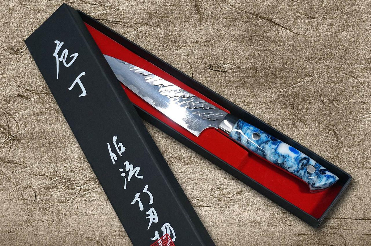 Takeshi Saji SPG-STRIX Mirror Hammered RC Japanese Chef's Petty Knife(Utility) 130mm with Resin Custom Handle [Blue-White] 