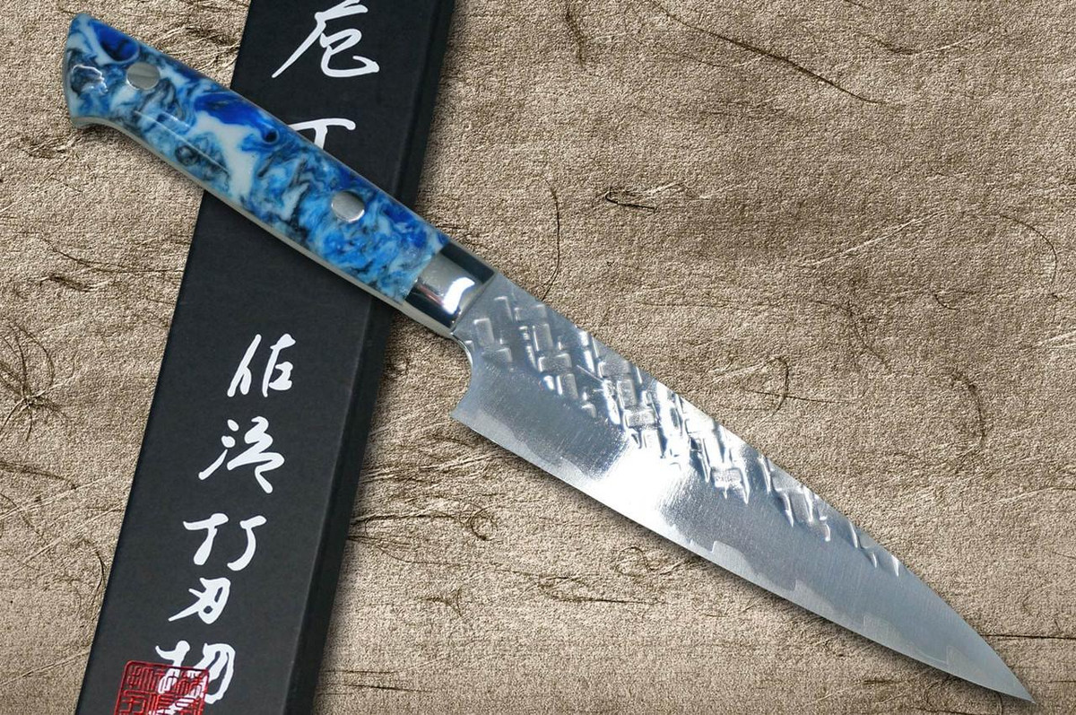 Takeshi Saji SPG-STRIX Mirror Hammered RC Japanese Chef's Petty Knife(Utility) 130mm with Resin Custom Handle [Blue-White] 