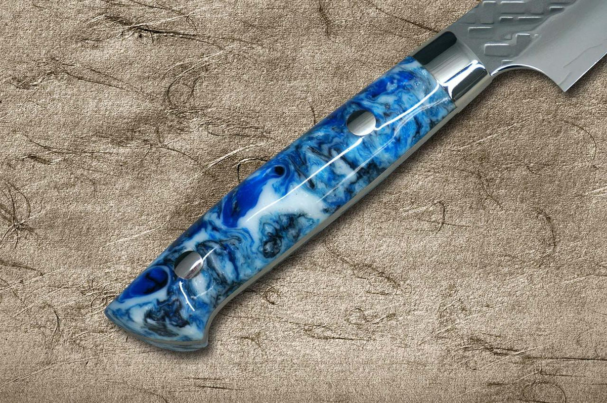 Takeshi Saji SPG-STRIX Mirror Hammered RC Japanese Chef's Petty Knife(Utility) 130mm with Resin Custom Handle [Blue-White] 