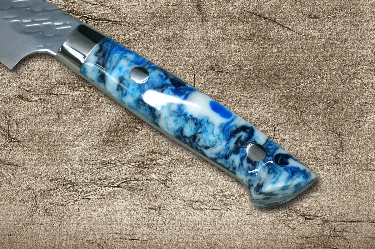 Takeshi Saji SPG-STRIX Mirror Hammered RC Japanese Chef's Petty Knife(Utility) 130mm with Resin Custom Handle [Blue-White] 