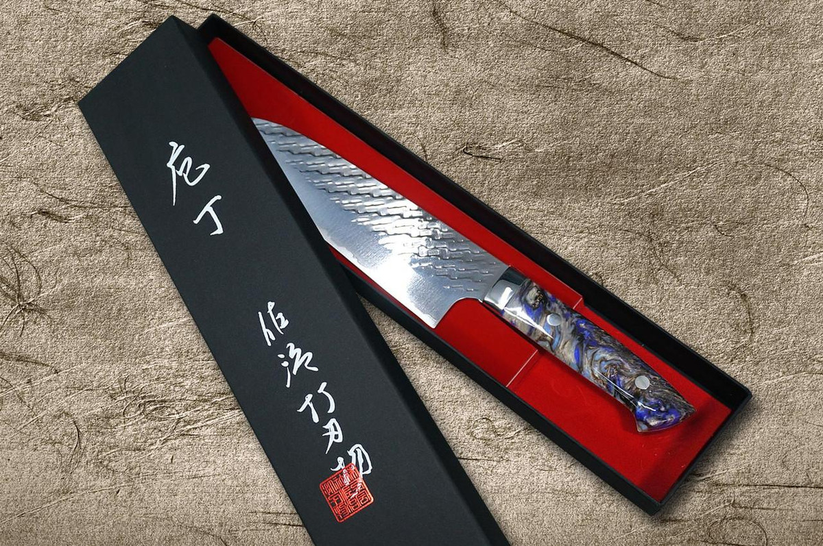 Takeshi Saji SPG-STRIX Mirror Hammered RC Japanese Chef's Santoku Knife 180mm with Resin Custom Handle [Black-Purple] 