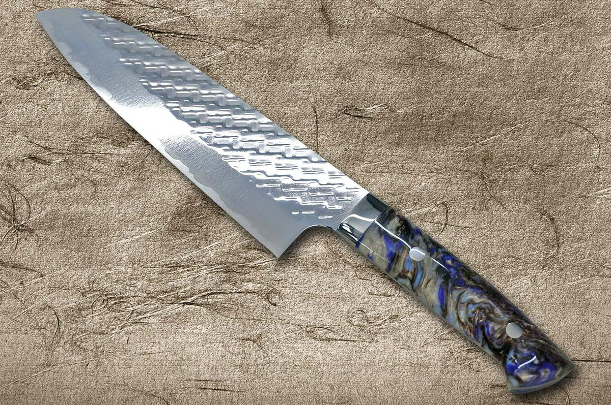 Takeshi Saji SPG-STRIX Mirror Hammered RC Japanese Chef's Santoku Knife 180mm with Resin Custom Handle [Black-Purple] 