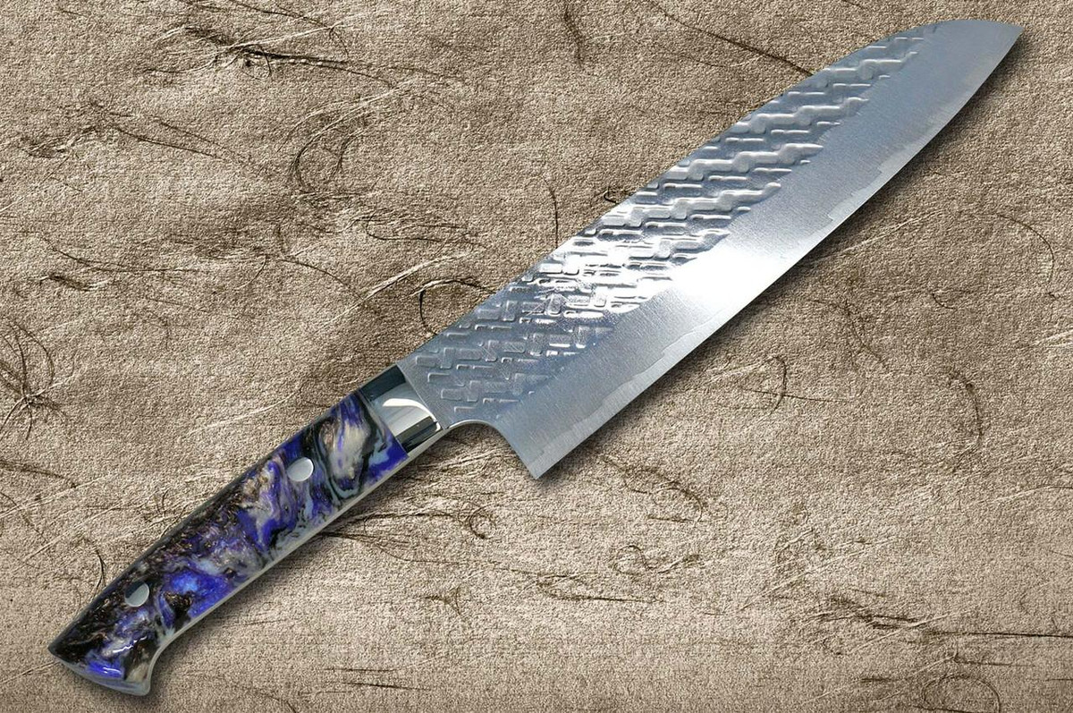 Takeshi Saji SPG-STRIX Mirror Hammered RC Japanese Chef's Santoku Knife 180mm with Resin Custom Handle [Black-Purple] 