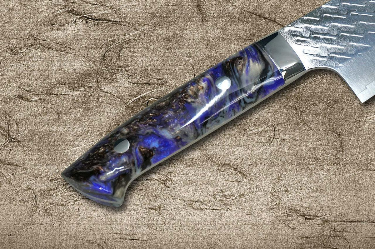 Takeshi Saji SPG-STRIX Mirror Hammered RC Japanese Chef's Santoku Knife 180mm with Resin Custom Handle [Black-Purple] 