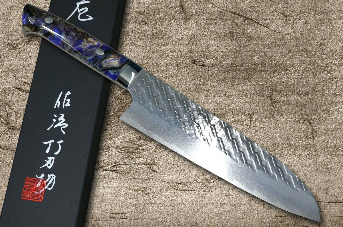 Takeshi Saji SPG-STRIX Mirror Hammered RC Japanese Chef's Santoku Knife 180mm with Resin Custom Handle [Black-Purple] 