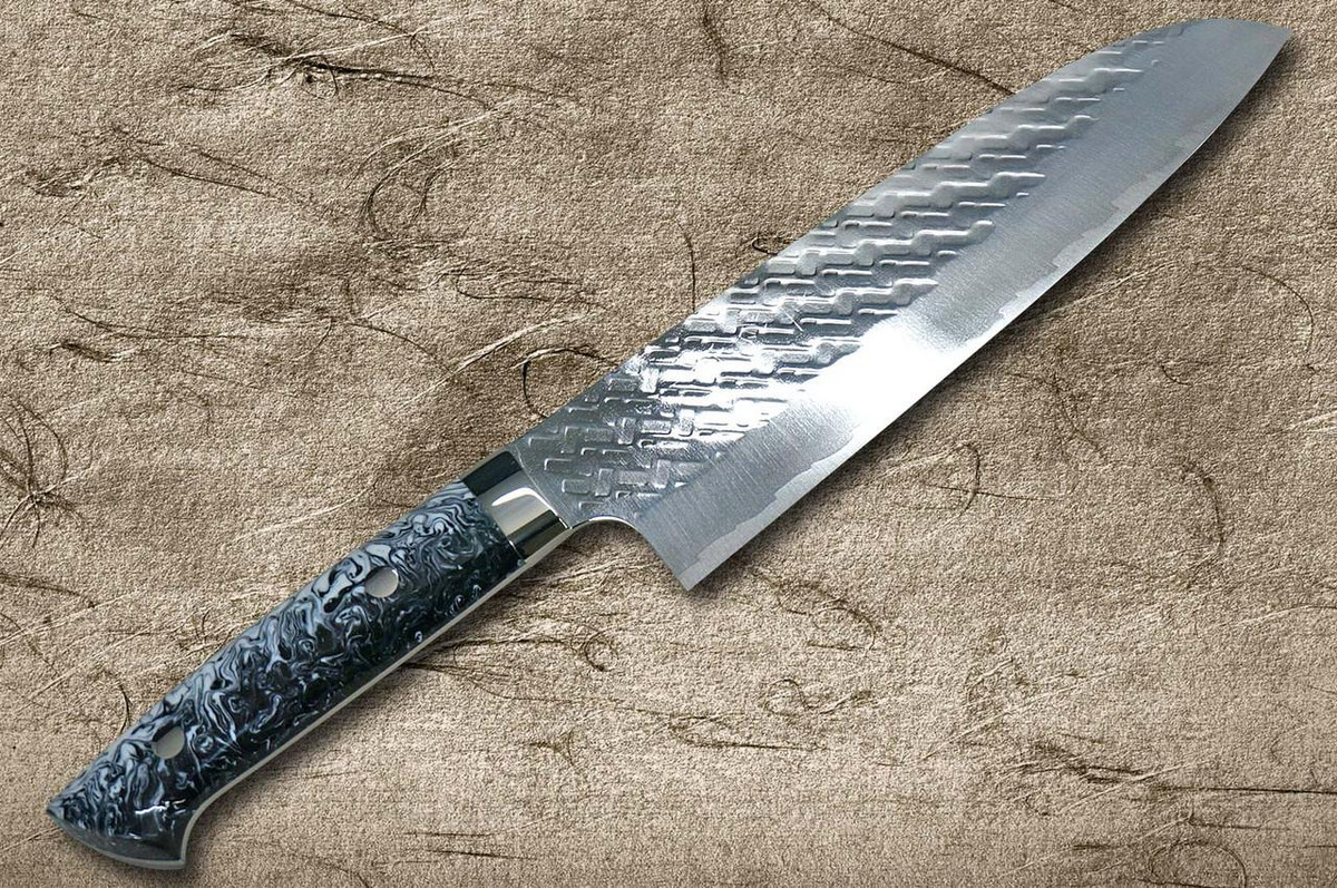 Takeshi Saji SPG-STRIX Mirror Hammered RC Japanese Chef's Santoku Knife 180mm with Resin Custom Handle [Black-White] 