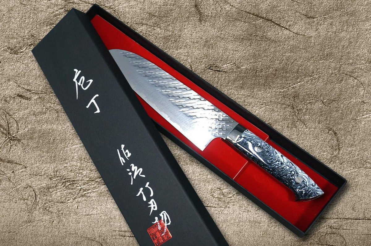 Takeshi Saji SPG-STRIX Mirror Hammered RC Japanese Chef's Santoku Knife 180mm with Resin Custom Handle [Black-White] 