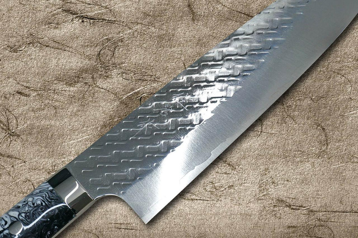 Takeshi Saji SPG-STRIX Mirror Hammered RC Japanese Chef's Santoku Knife 180mm with Resin Custom Handle [Black-White] 