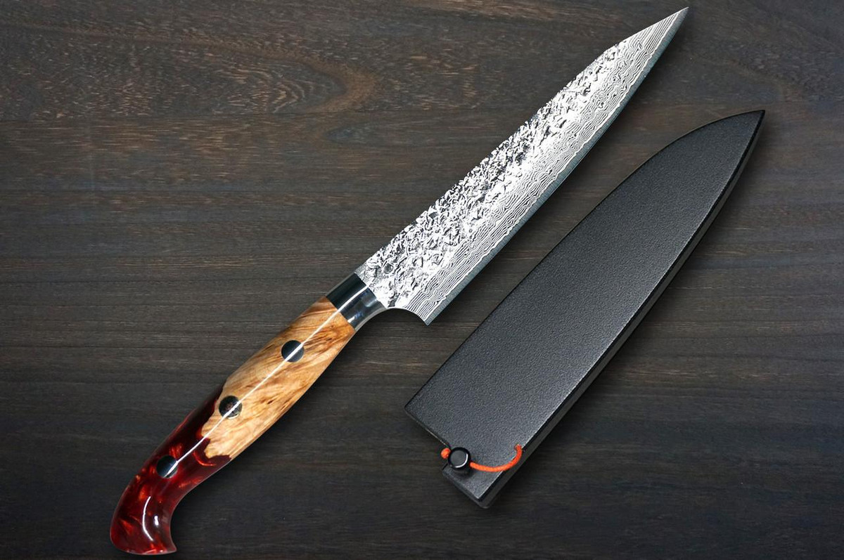 Yu Kurosaki R2(SG2) Damascus SHIZUKU Custom STWRC Japanese Chef's Petty Knife(Utility) 130mm with Stabilized Hybrid Wood Handle [Red] 