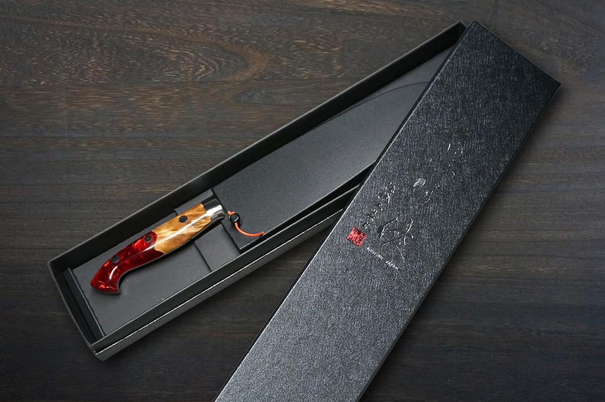 Yu Kurosaki R2(SG2) Damascus SHIZUKU Custom STWRC Japanese Chef's Petty Knife(Utility) 130mm with Stabilized Hybrid Wood Handle [Red] 