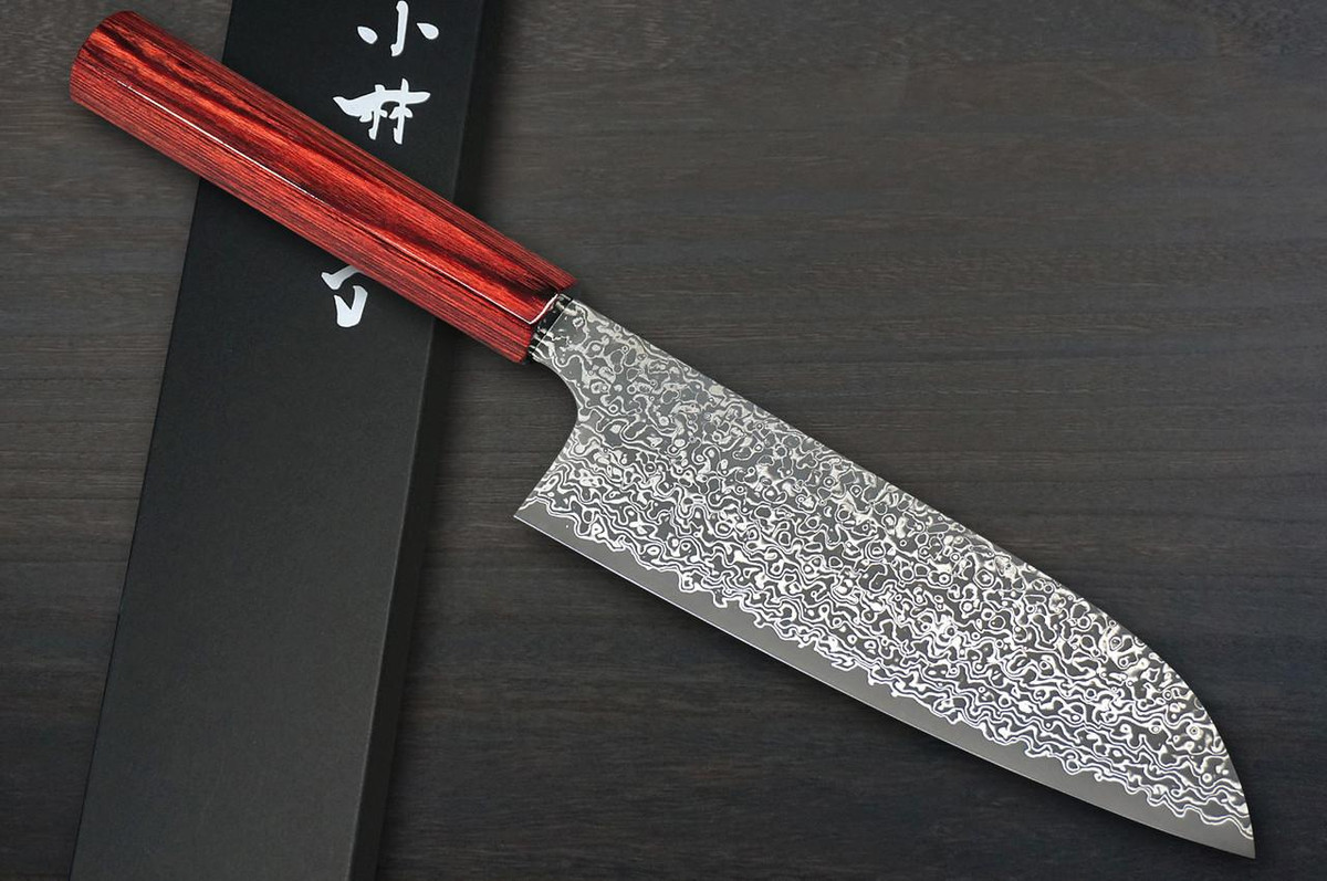 Kei Kobayashi R2 Black Damascus Super Finish CS Japanese Chef's Santoku Knife 170mm with Red Lacquered Wood Handle 