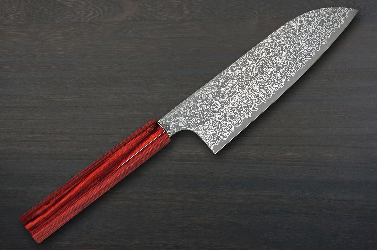 Kei Kobayashi R2 Black Damascus Super Finish CS Japanese Chef's Santoku Knife 170mm with Red Lacquered Wood Handle 