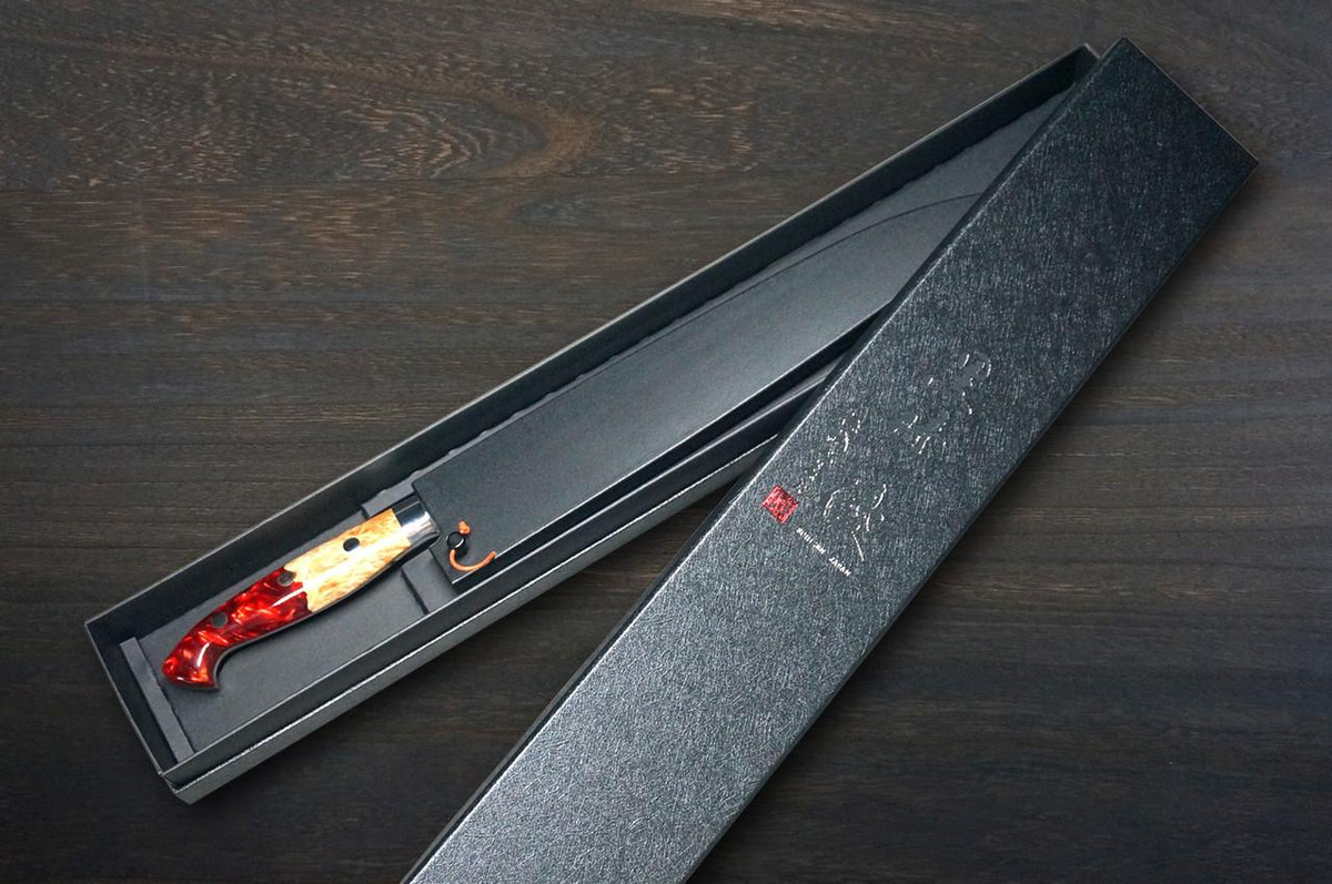 Yu Kurosaki R2(SG2) Damascus SHIZUKU Custom STWRC Japanese Chef's Slicer(Sujihiki) 240mm with Stabilized Hybrid Wood Handle [Red] 