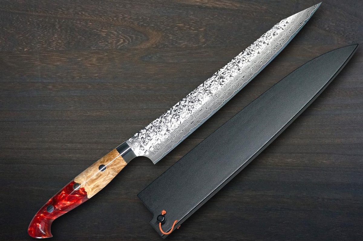 Yu Kurosaki R2(SG2) Damascus SHIZUKU Custom STWRC Japanese Chef's Slicer(Sujihiki) 240mm with Stabilized Hybrid Wood Handle [Red] 