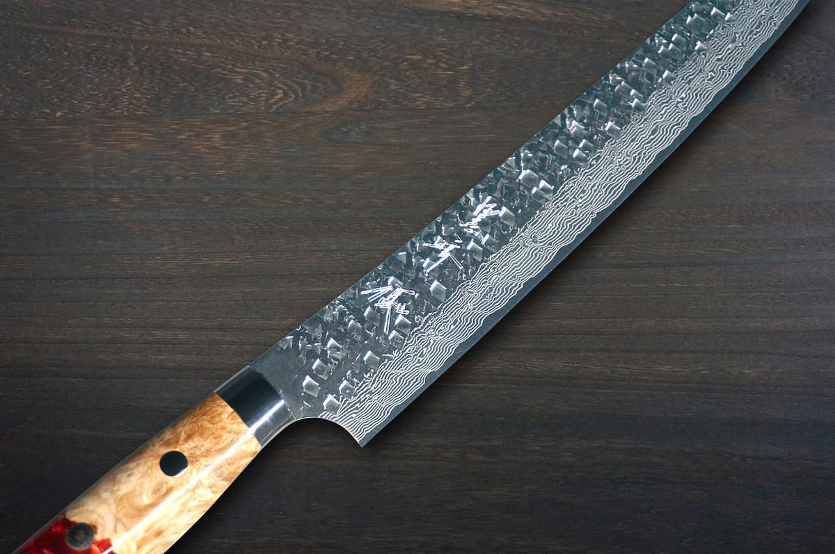 Yu Kurosaki R2(SG2) Damascus SHIZUKU Custom STWRC Japanese Chef's Slicer(Sujihiki) 240mm with Stabilized Hybrid Wood Handle [Red] 