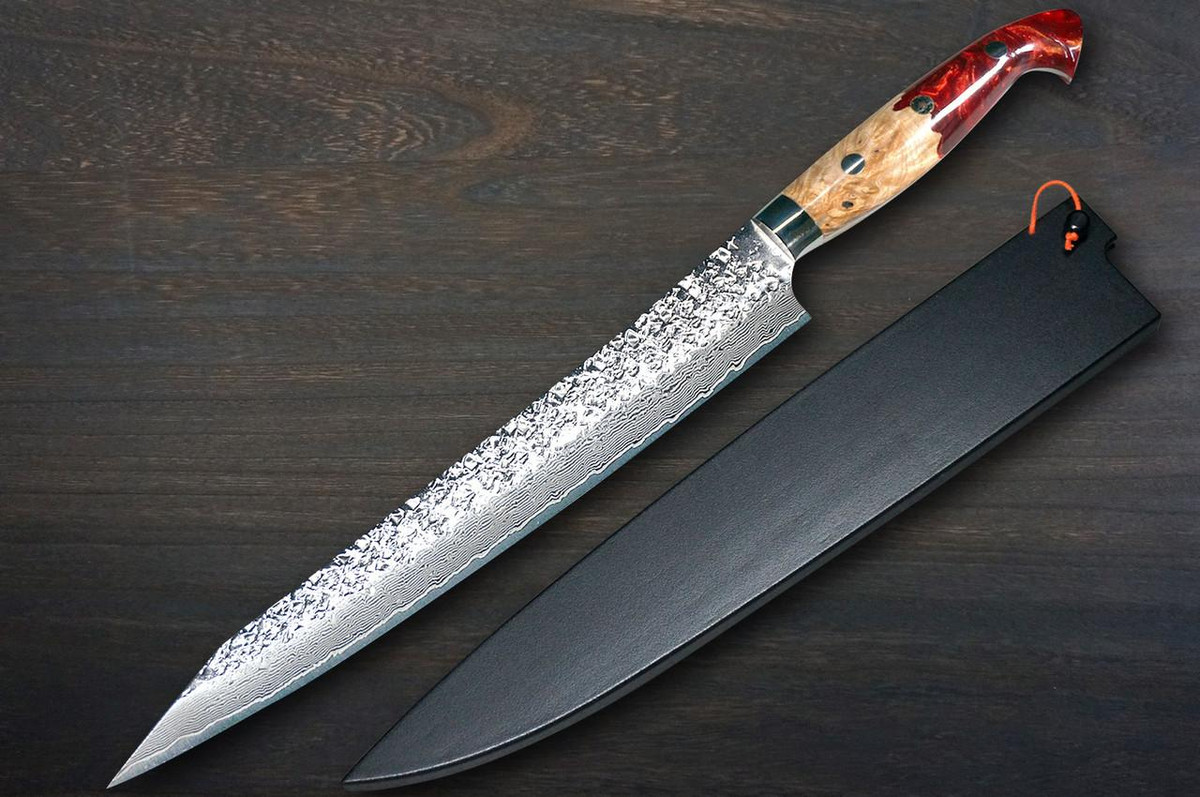 Yu Kurosaki R2(SG2) Damascus SHIZUKU Custom STWRC Japanese Chef's Slicer(Sujihiki) 240mm with Stabilized Hybrid Wood Handle [Red] 
