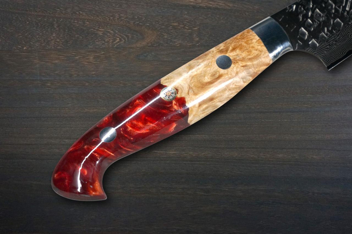 Yu Kurosaki R2(SG2) Damascus SHIZUKU Custom STWRC Japanese Chef's Slicer(Sujihiki) 240mm with Stabilized Hybrid Wood Handle [Red] 