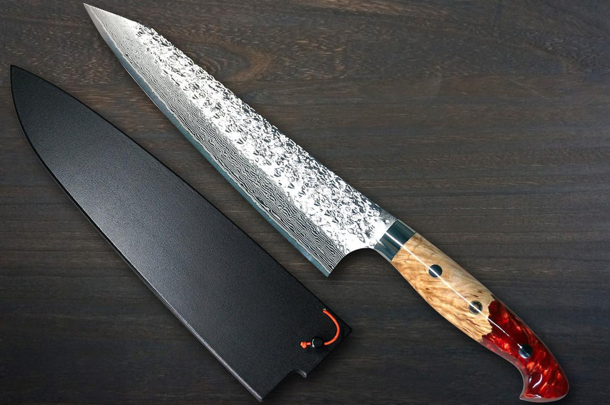 Yu Kurosaki R2(SG2) Damascus SHIZUKU Custom STWRC Japanese Chef's Gyuto Knife 210mm with Stabilized Hybrid Wood Handle [Red] 