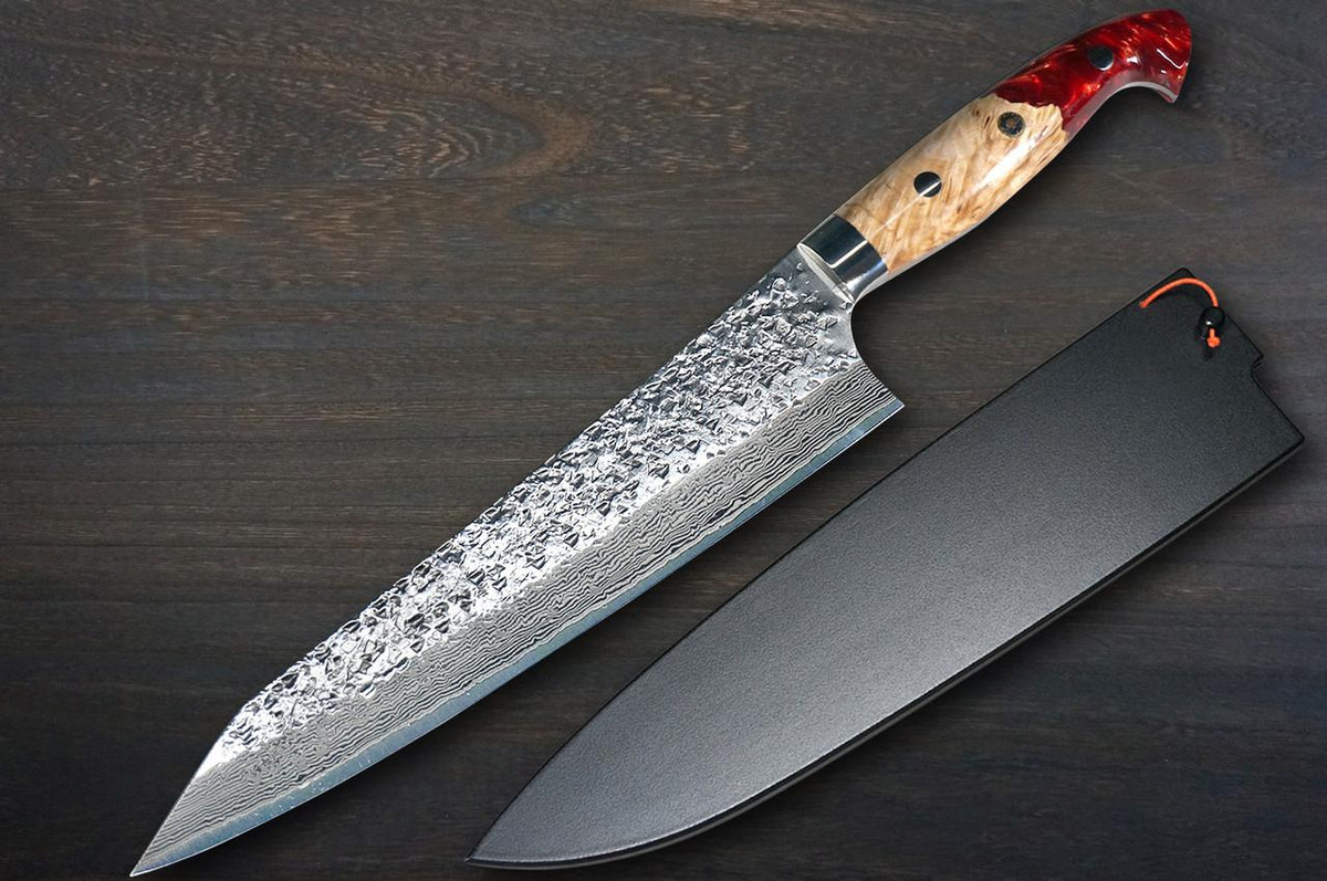 Yu Kurosaki R2(SG2) Damascus SHIZUKU Custom STWRC Japanese Chef's Gyuto Knife 210mm with Stabilized Hybrid Wood Handle [Red] 