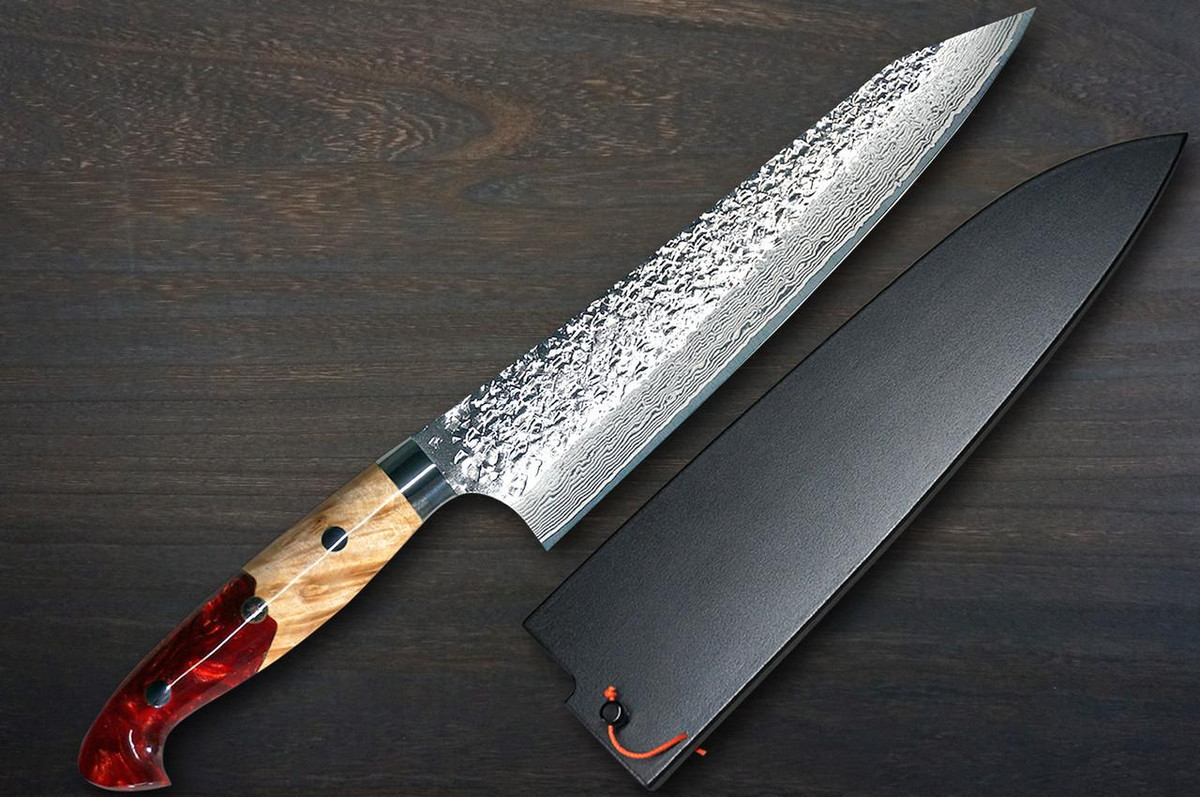 Yu Kurosaki R2(SG2) Damascus SHIZUKU Custom STWRC Japanese Chef's Gyuto Knife 210mm with Stabilized Hybrid Wood Handle [Red] 