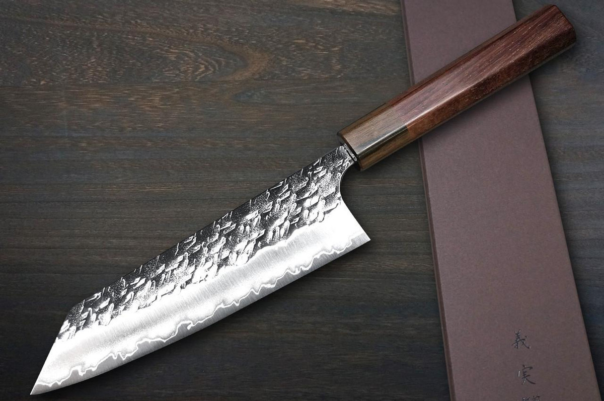 Yoshimi Kato R2 HYO Hammered Japanese Chef's Bunka Knife 170mm with Ebony-Ring Octagonal Handle 