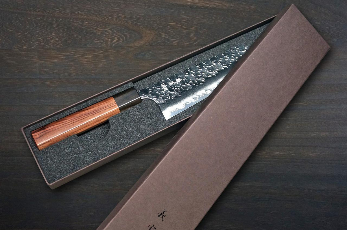 Yoshimi Kato R2 HYO Hammered Japanese Chef's Bunka Knife 170mm with Ebony-Ring Octagonal Handle 