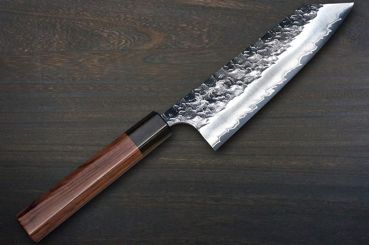 Yoshimi Kato R2 HYO Hammered Japanese Chef's Bunka Knife 170mm with Ebony-Ring Octagonal Handle 