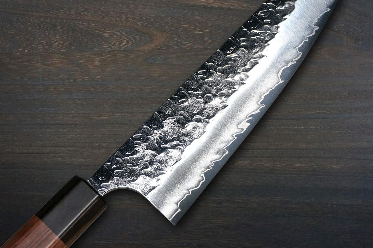 Yoshimi Kato R2 HYO Hammered Japanese Chef's Bunka Knife 170mm with Ebony-Ring Octagonal Handle 
