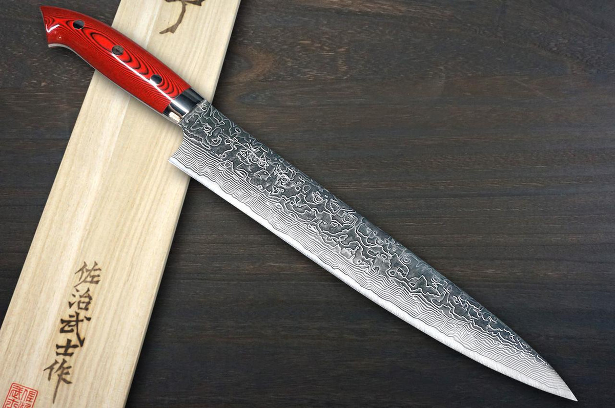 Takeshi Saji R2 Diamond Finish Damascus MCRB-NNM Japanese Chef's Slicer(Sujihiki) 270mm with Dark-Red Micarta Handle Nomura Special 