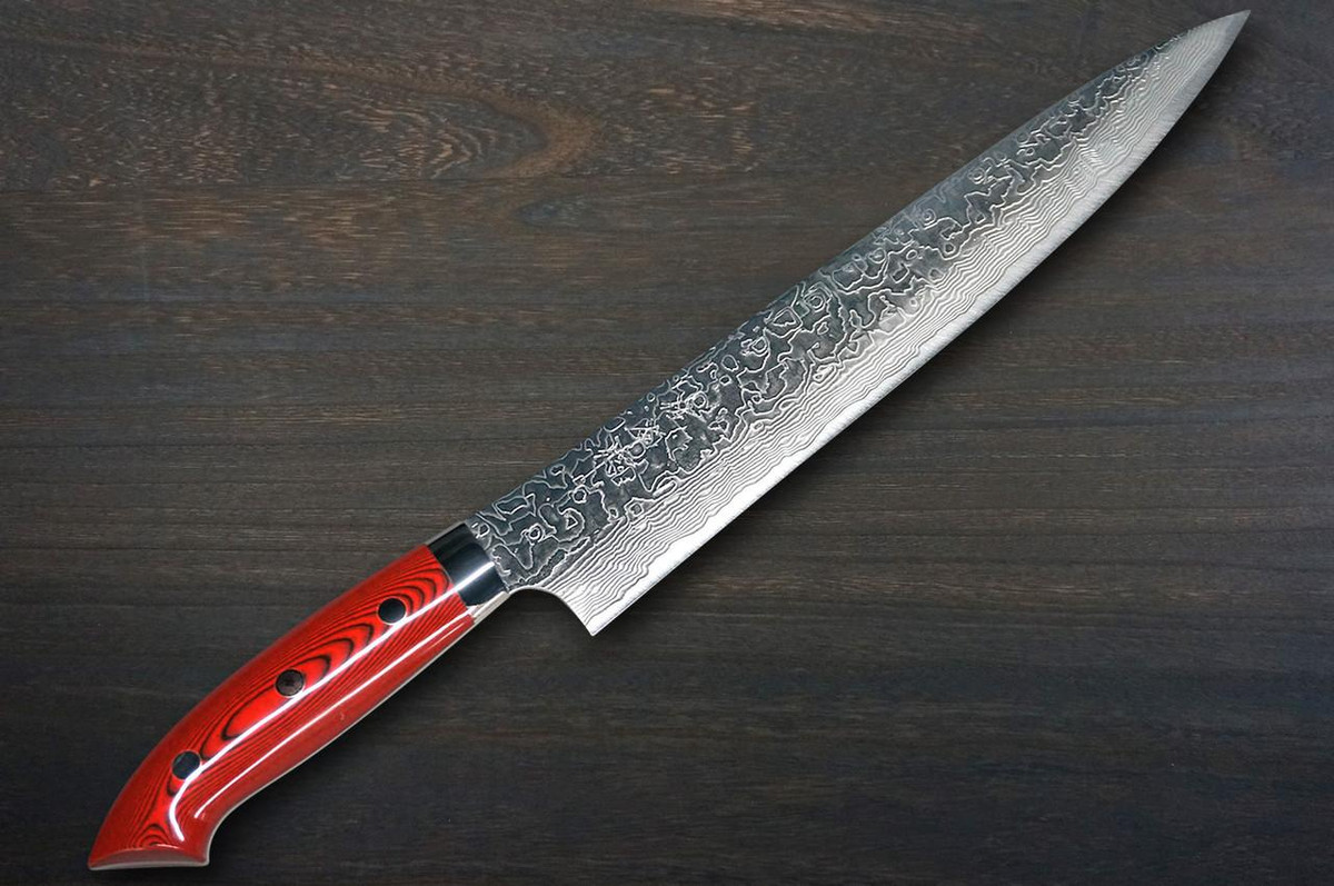 Takeshi Saji R2 Diamond Finish Damascus MCRB-NNM Japanese Chef's Slicer(Sujihiki) 270mm with Dark-Red Micarta Handle Nomura Special 