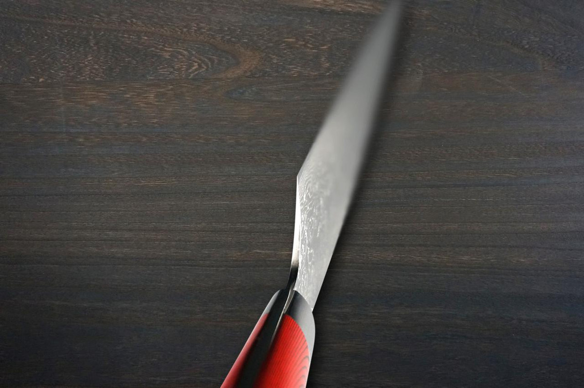 Takeshi Saji R2 Diamond Finish Damascus MCRB-NNM Japanese Chef's Gyuto Knife 210mm with Dark-Red Micarta Handle Nomura Special 