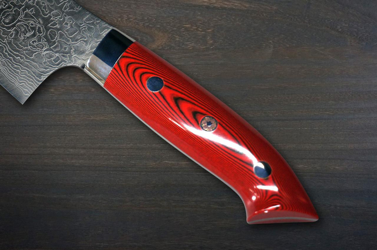 Takeshi Saji R2 Diamond Finish Damascus MCRB-NNM Japanese Chef's Bunka Knife 180mm with Dark-Red Micarta Handle Nomura Special 