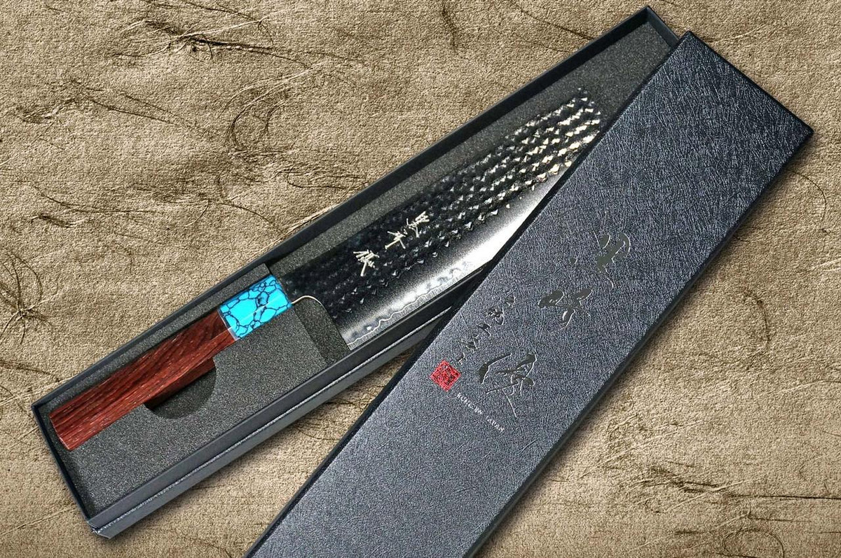Yu Kurosaki R2(SG2) Hammered SENKO-EI WA RSTCA Japanese Chef's Nakiri(Vegetable) 165mm with Blue Turquoise & Rosewood Handle 
