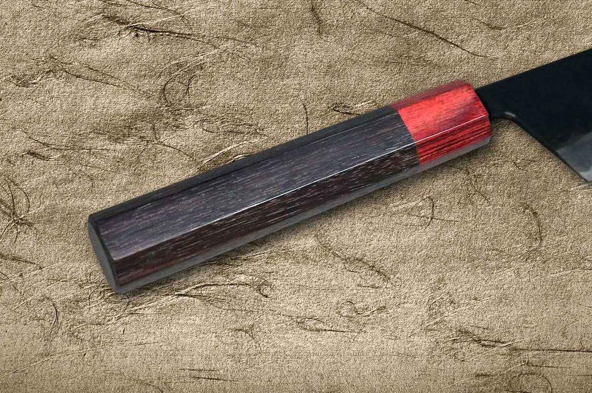 Daisuke Nishida Shirogami No.1 Kurouchi RS8R Japanese Chef's Gyuto Knife 180mm with Red-Ring Octagonal Handle 