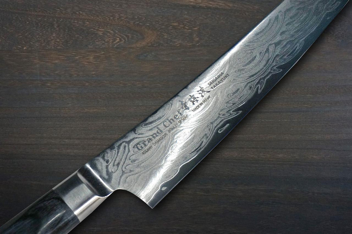 Sakai Takayuki SEIGAIHA Grand Chef Damascus Japanese Chef's Slicer(Sujihiki) 240mm with Double-Metal Black Wood Handle [45 Layered Damascus & Wave] 