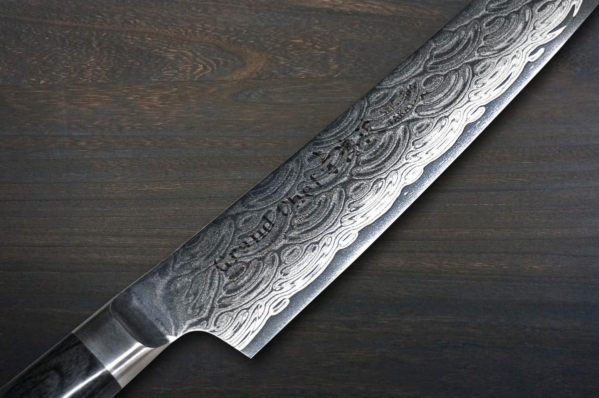Sakai Takayuki SEIGAIHA Grand Chef Damascus Japanese Chef's Slicer(Sujihiki) 240mm with Double-Metal Black Wood Handle [45 Layered Damascus & Wave] 