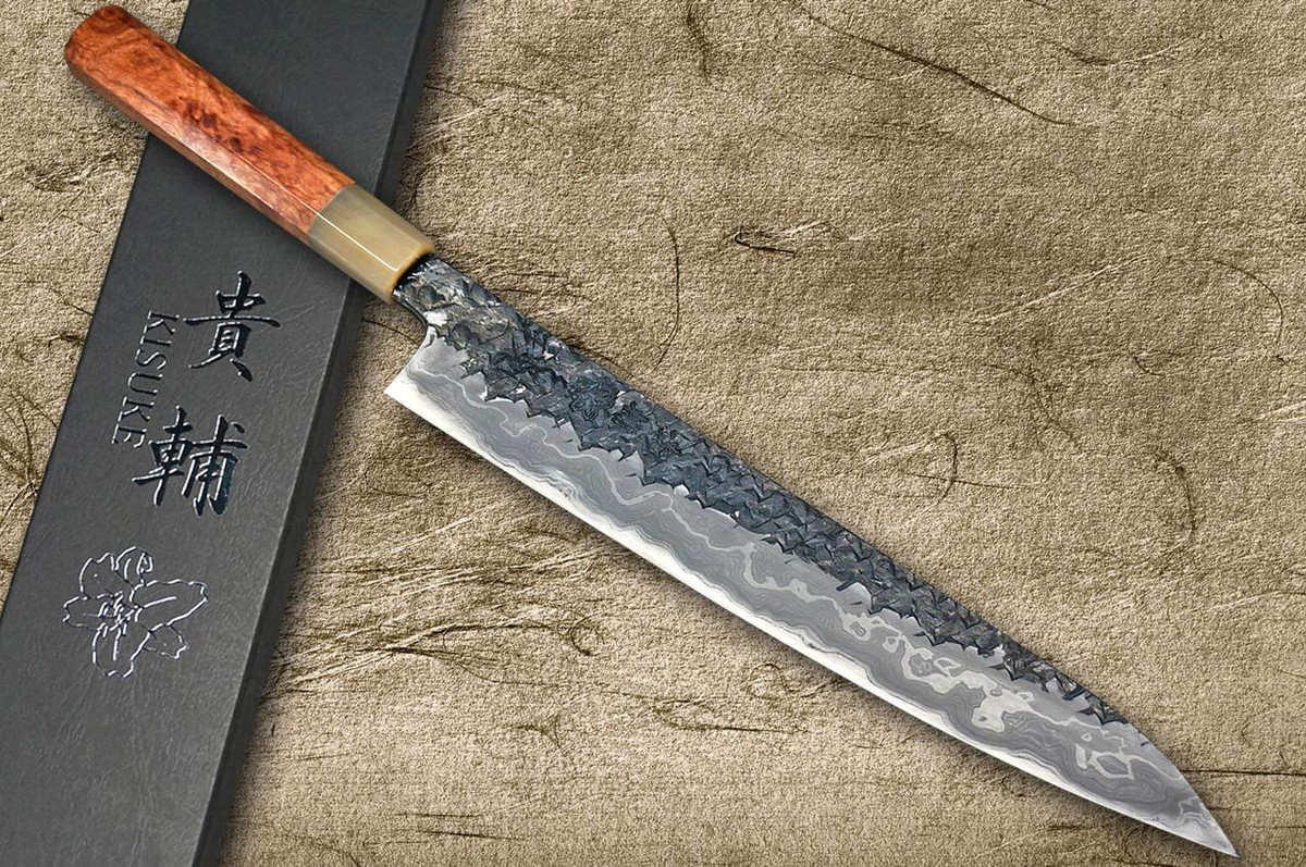 Kisuke Manaka ENN Blue#1 Kurouchi Hammered KRBFW Japanese Chef's Slicer(Sujihiki) 270mm with White Buffalo Ferrule Karin Lump Handle 
