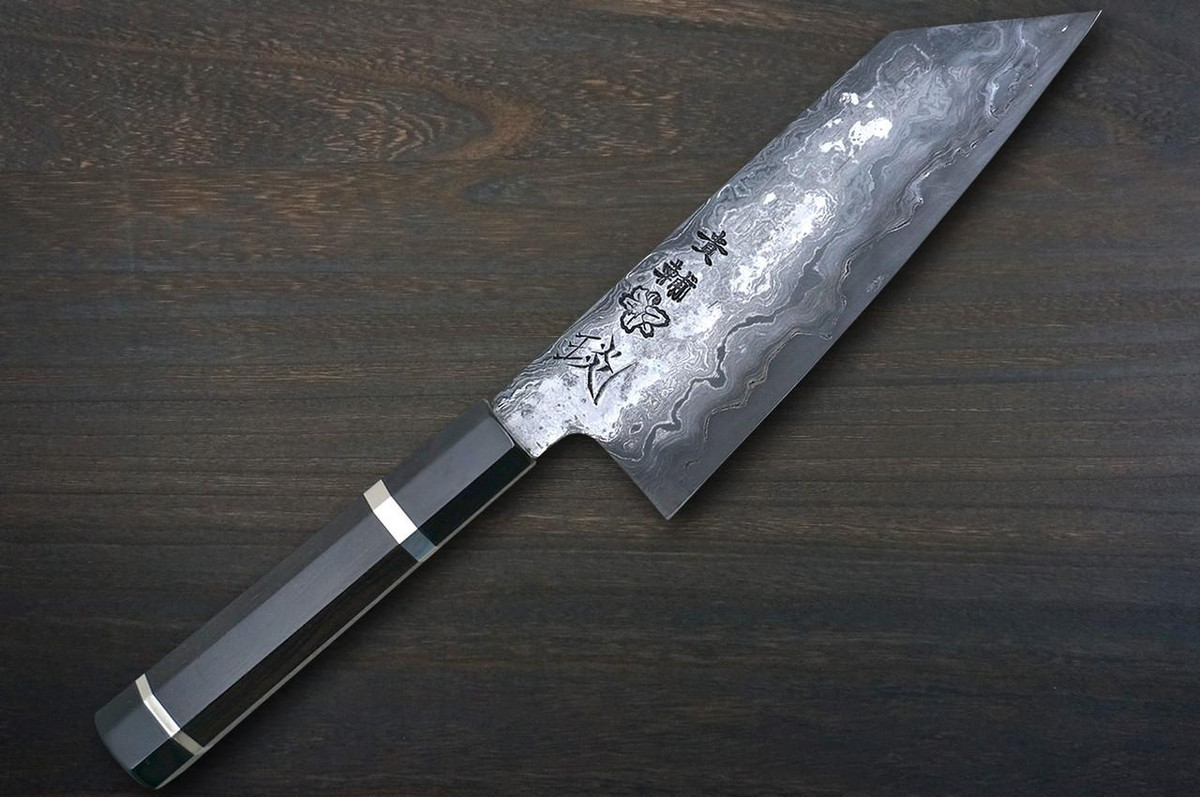 Kisuke Manaka KOKUENN Blue#1 Black Finished EBBFB2 Japanese Chef's Bunka Knife 165mm with Double Buffalo Ringed Ebony Handle 