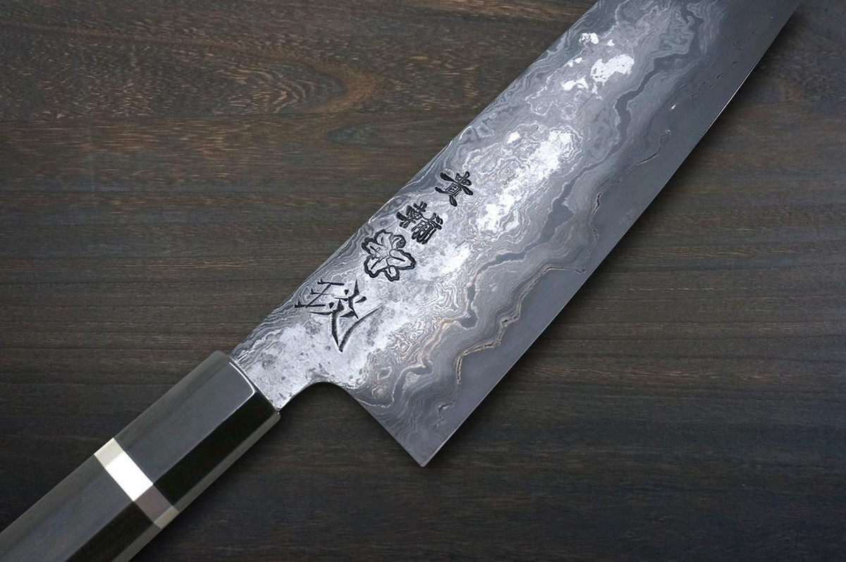 Kisuke Manaka KOKUENN Blue#1 Black Finished EBBFB2 Japanese Chef's Bunka Knife 165mm with Double Buffalo Ringed Ebony Handle 