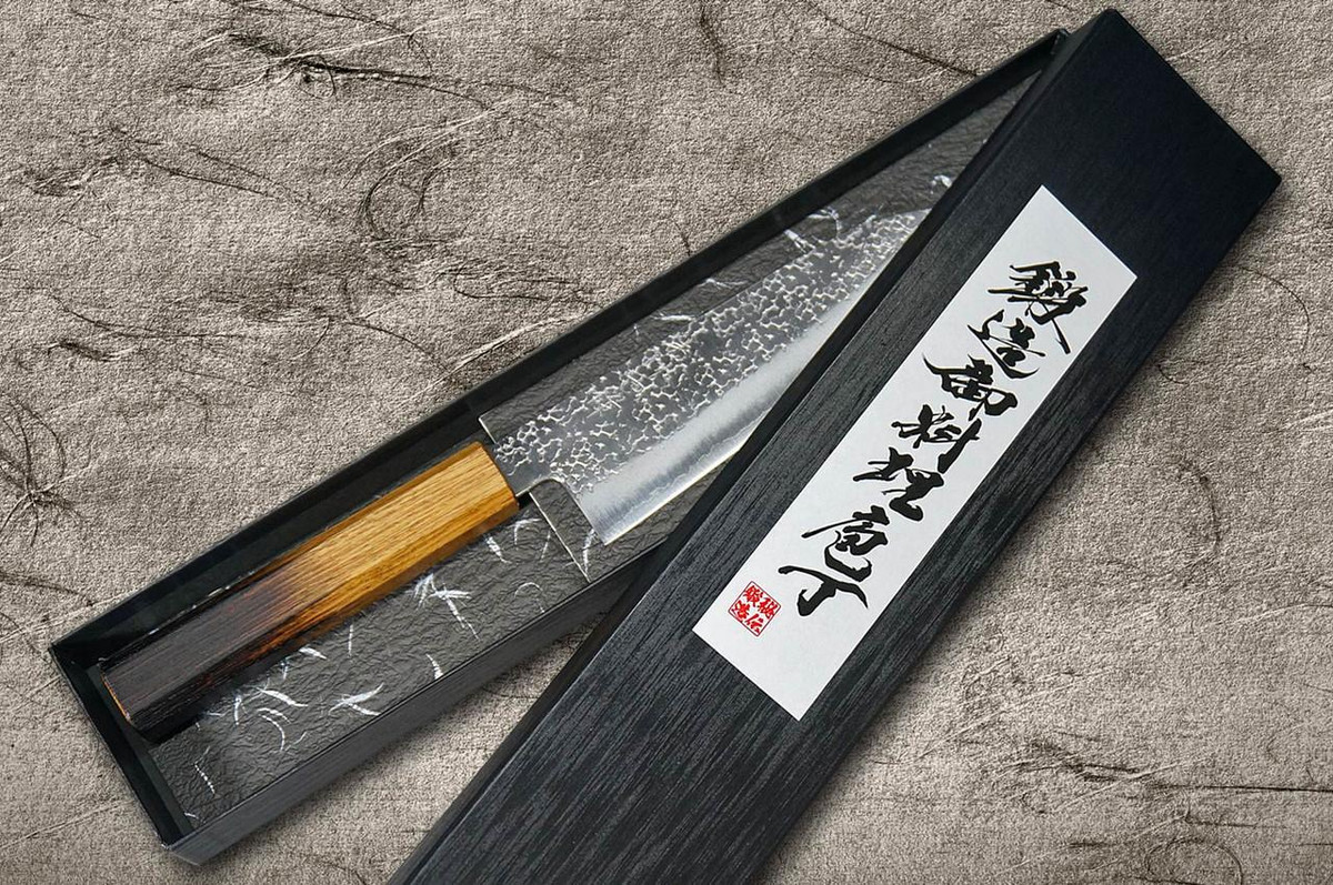Okeya Gingami No.3 Hammered OK8B Japanese Chef's Santoku Knife 165mm with Urushi Lacquered Oak Handle 
