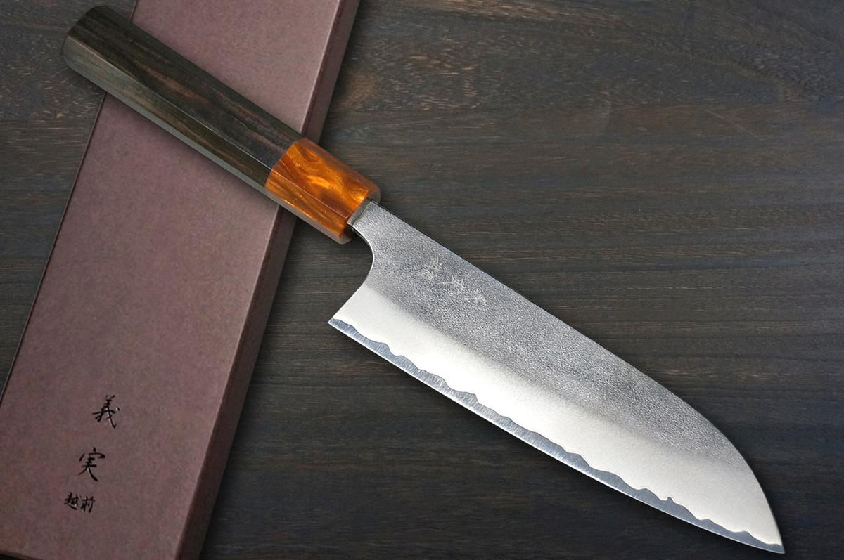 Yoshimi Kato Aogami Super Clad Nashiji Japanese Chef's Santoku Knife 170mm with Ebony Handle [Orange Resin Ferrule] 
