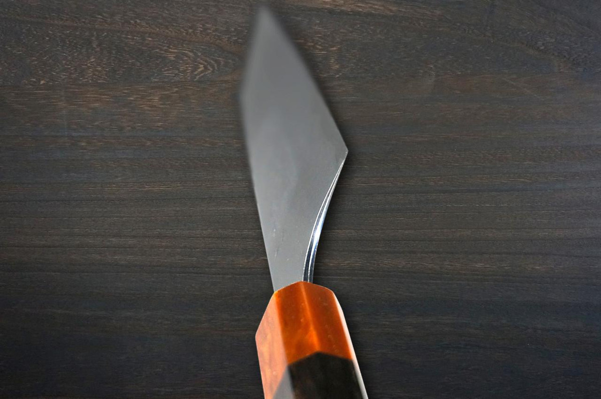 Yoshimi Kato Aogami Super Clad Nashiji Japanese Chef's Santoku Knife 170mm with Ebony Handle [Orange Resin Ferrule] 