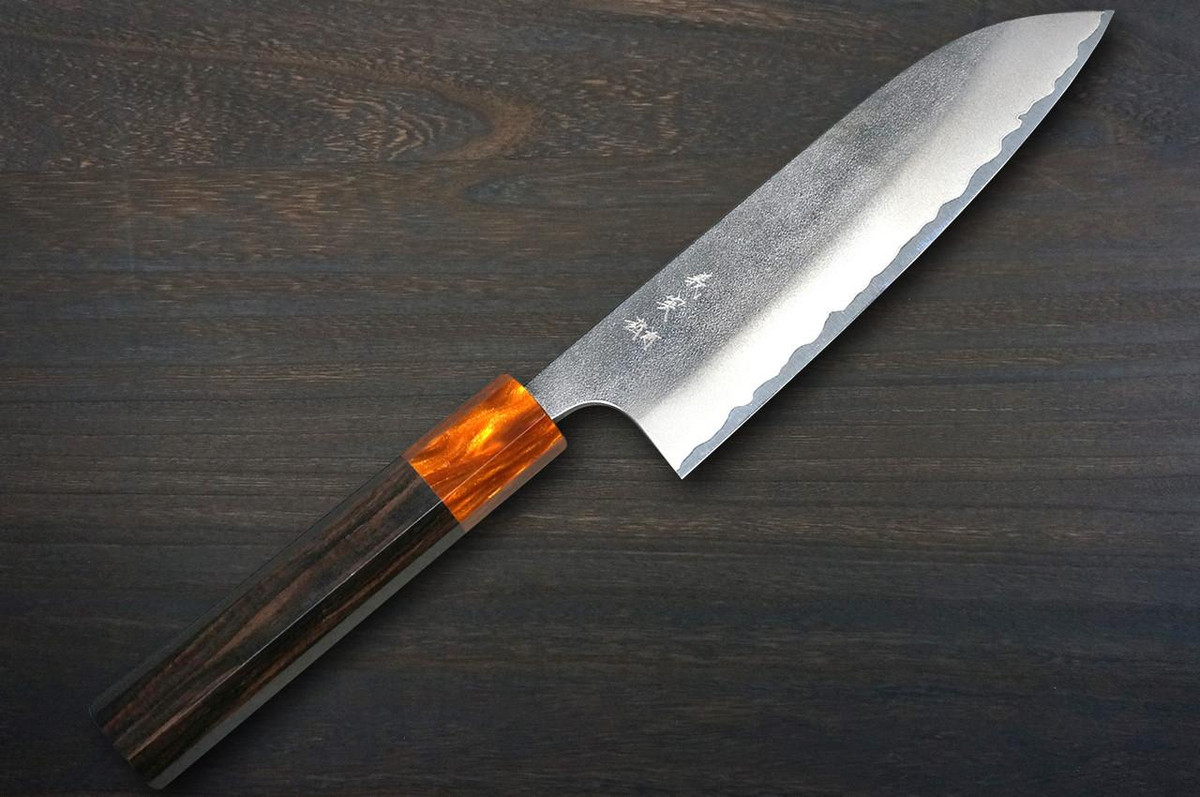 Yoshimi Kato Aogami Super Clad Nashiji Japanese Chef's Santoku Knife 170mm with Ebony Handle [Orange Resin Ferrule] 