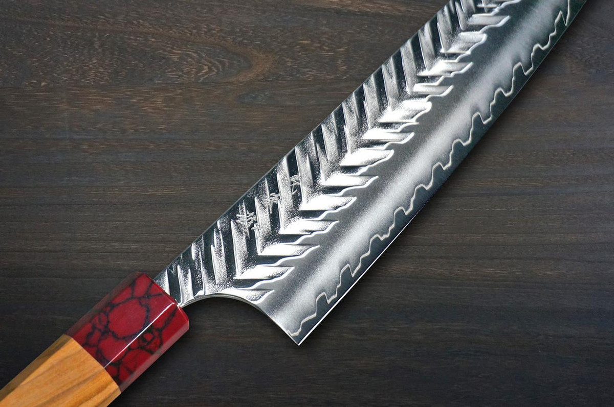 Yoshimi Kato SPG-STRIX V-Hammered Japanese Chef's Kengata-Gyuto Knife 210mm with Olive Handle [Red Turquoise Ring] 