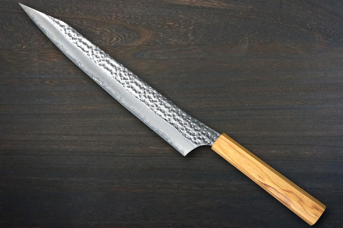 Yu Kurosaki R2(SG2) Hammered SENKO-EI WA OL8N Japanese Chef's Slicer(Sujihiki) 240mm with Olive Handle [Natural Finish] 