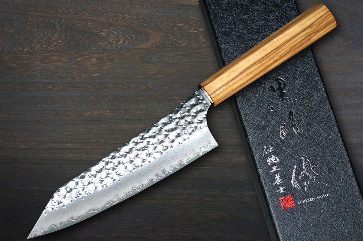 Yu Kurosaki R2(SG2) Hammered SENKO-EI WA OL8N Japanese Chef's Bunka Knife 165mm with Olive Handle [Natural Finish] 