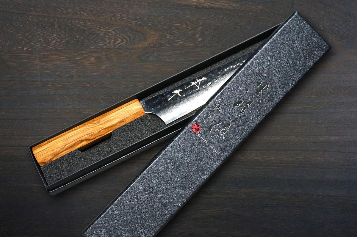 Yu Kurosaki R2(SG2) Hammered SENKO-EI WA OL8N Japanese Chef's Petty Knife(Utility) 150mm with Olive Handle [Natural Finish] 