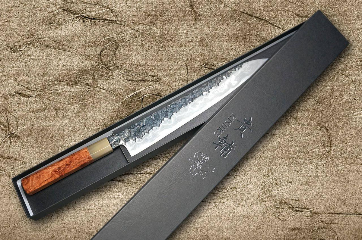 Kisuke Manaka ENN Blue#1 Kurouchi Hammered KRBFW Japanese Chef's Slicer(Sujihiki) 300mm with White Buffalo Ferrule Karin Lump Handle 