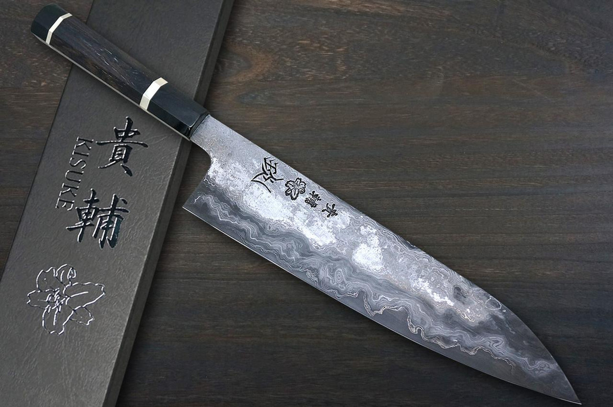 Kisuke Manaka KOKUENN Blue#1 Black Finished EBBFB2 Japanese Chef's Gyuto Knife 300mm with Double Buffalo Ringed Ebony Handle 